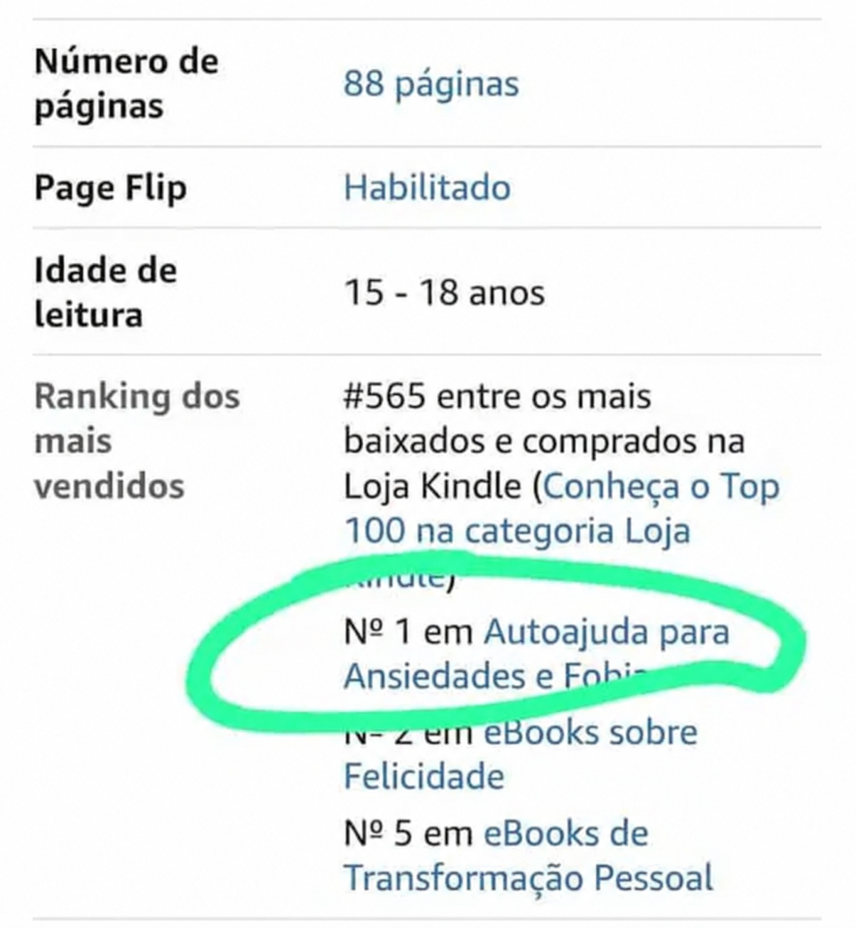 Print da Amazon: nº 1 em Autoajuda para Ansiedades e Fobias na Loja Kindle